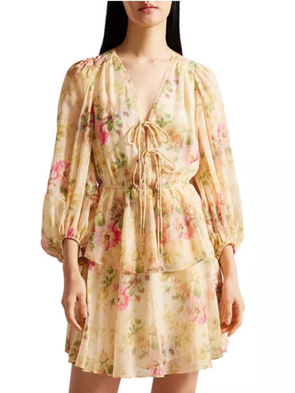 TED BAKER London Tamziiy V Neck Tie Front Floral Tiered Mini Dress 0 NWT Garden